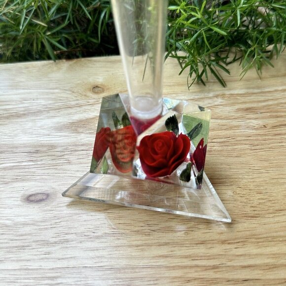 VTG 60's Bircraft Vase Lucite Reverse Carved Deep Red Rose Green Leaves 8.5" H - Picture 5 of 8